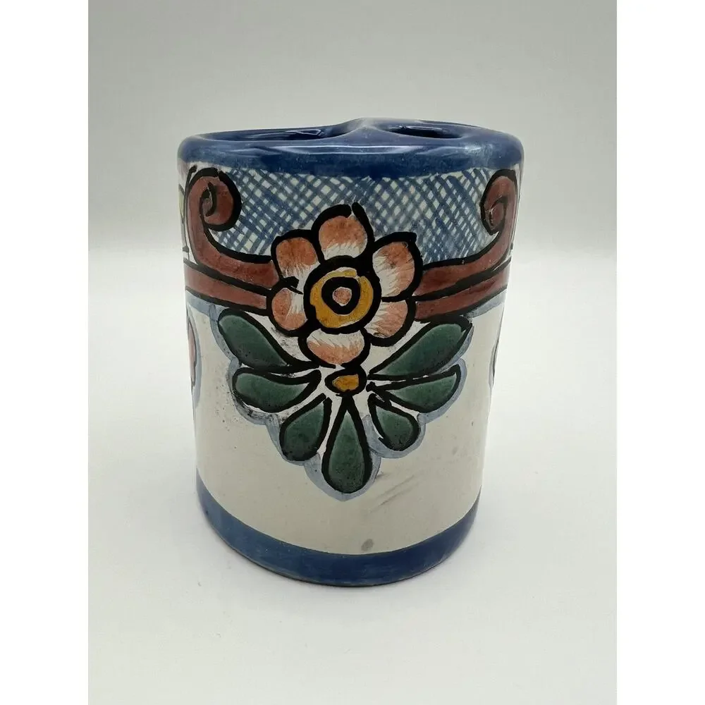 Talavera Mexican Art Pottery Hand Painted Toothbrush Holder Blue w Flowers 4.25”